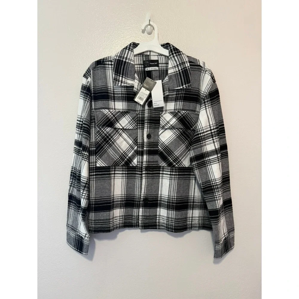 Original Use Mens Boxy Fit Flannel Shirt Black White Plaid Drop Shoulder Size M